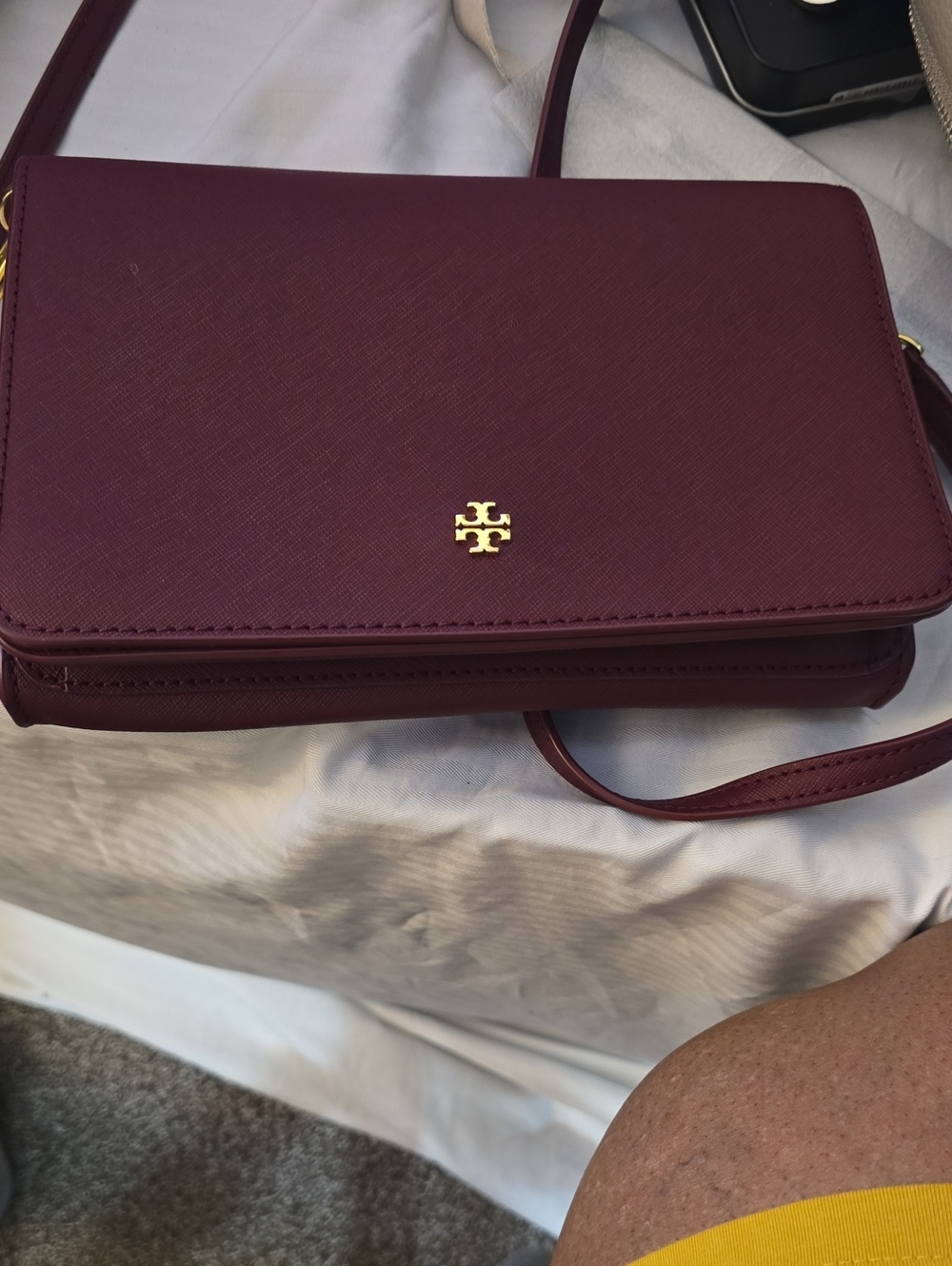 Tory Burch Saffiano Crossbody Bag in Deep Wine with Gold Logo